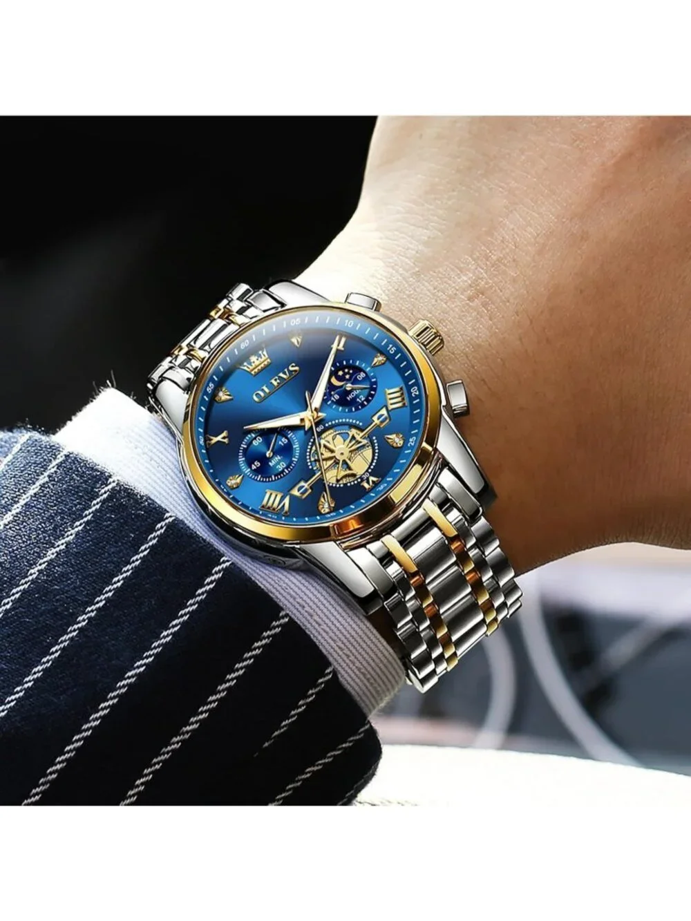 Men's Blue /Two-tone Stainless Steel Chronograph Waterproof Quartz Dress Watch